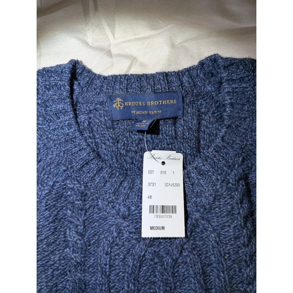 Brooks Brothers Italian Yarn Blue Cable-Knit 4-Ply Crew Neck Sweater Men's M
